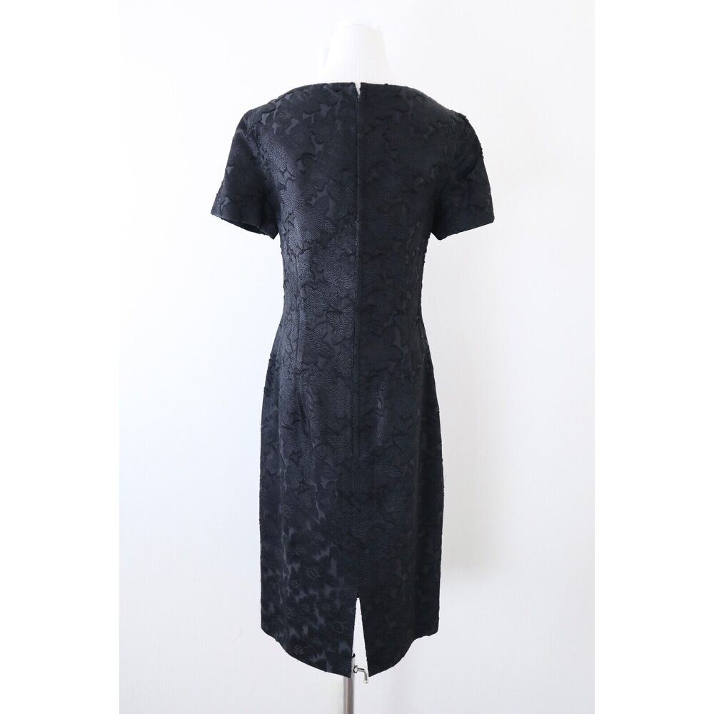 Vintage 1960s Boat Neck Sheath Dress Bow Front Short Sleeve Jacquard Black - Picture 8 of 11